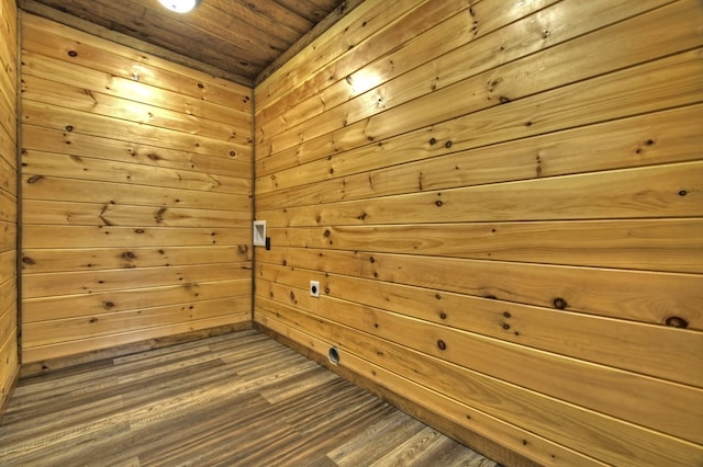 unfurnished room with a sauna, wooden walls, wooden ceiling, and dark wood-type flooring