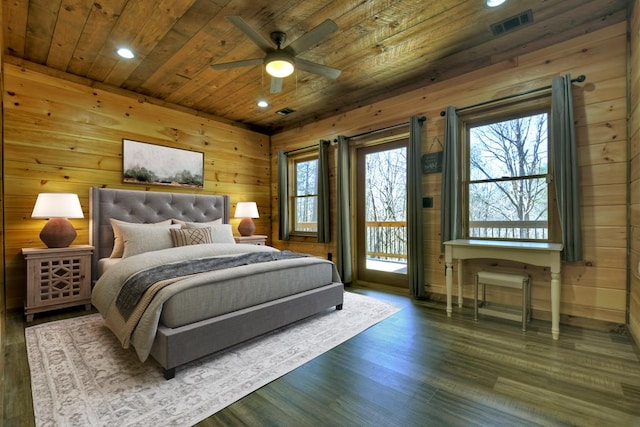 bedroom with access to outside, wood ceiling, wooden walls, visible vents, and wood finished floors