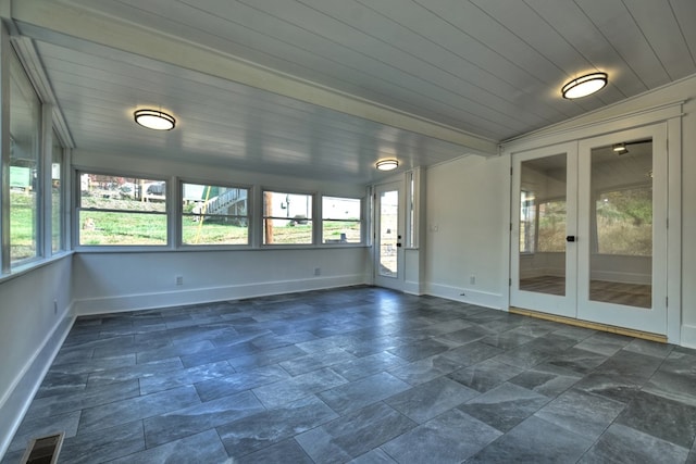 unfurnished sunroom featuring french doors and wooden ceiling