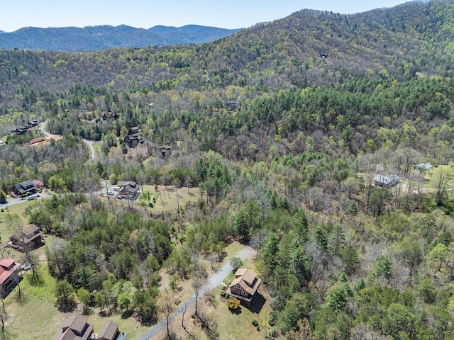 drone / aerial view featuring a mountain view and a forest view