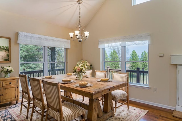 dining room with dark wood-style flooring, baseboards, an inviting chandelier, and a wealth of natural light