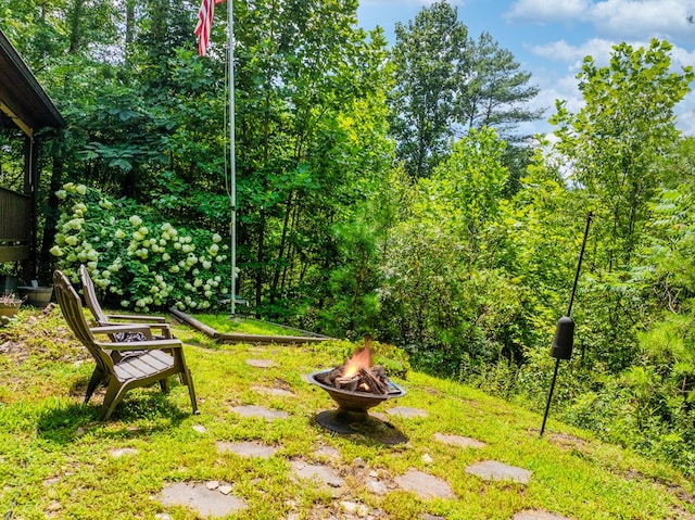 view of yard featuring an outdoor fire pit