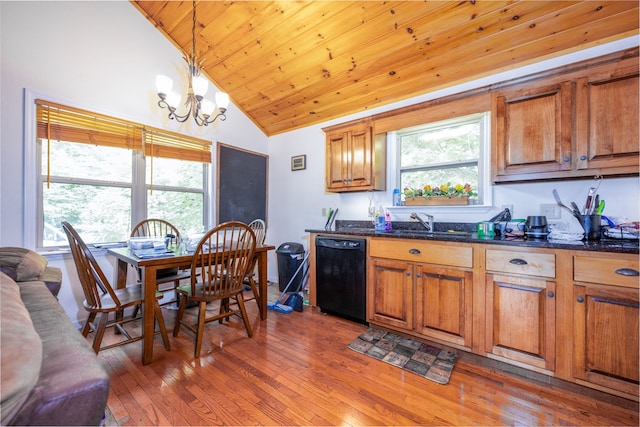 kitchen featuring hardwood / wood-style floors, pendant lighting, dishwasher, sink, and dark stone countertops