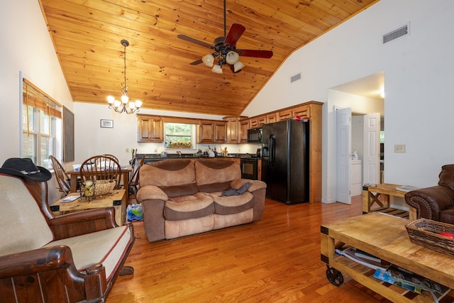 living room featuring high vaulted ceiling, wood ceiling, ceiling fan with notable chandelier, and light hardwood / wood-style floors