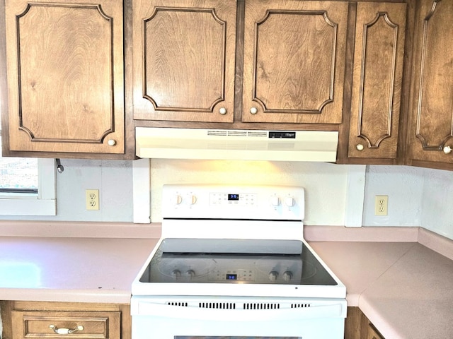 646 Snowy River Pl, Clarkesville, GA 30523 - kitchen featuring white electric range, extractor fan, and light countertops
