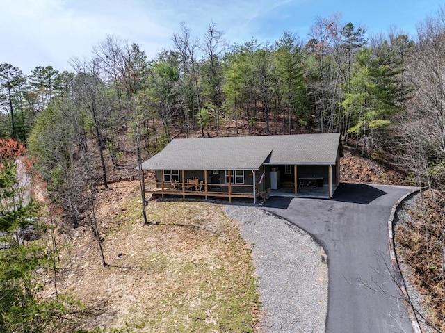 view of front of home featuring a view of trees and driveway