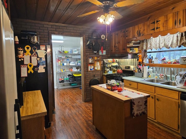 kitchen featuring a ceiling fan, a sink, brick wall, stainless steel appliances, and dark wood finished floors