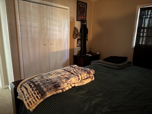 bedroom with carpet and a closet