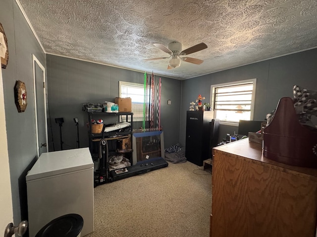 carpeted office with ceiling fan and a textured ceiling