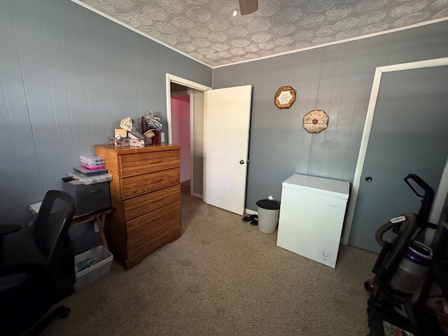 office with crown molding, carpet, and a textured ceiling