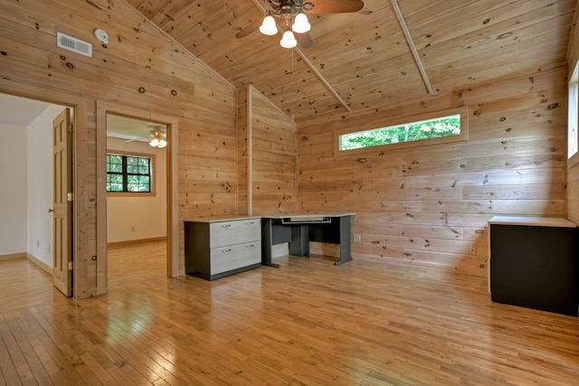 bonus room featuring a ceiling fan, visible vents, lofted ceiling, wood ceiling, and light wood-style floors