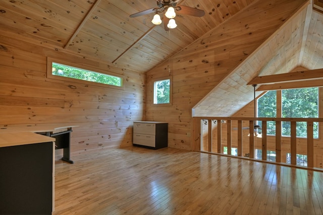 bonus room featuring wooden walls, a ceiling fan, vaulted ceiling, light wood-style floors, and wooden ceiling