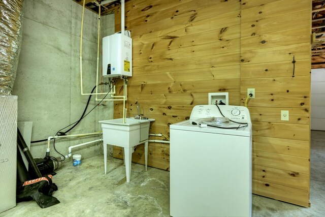 interior space with washer / dryer and wooden walls