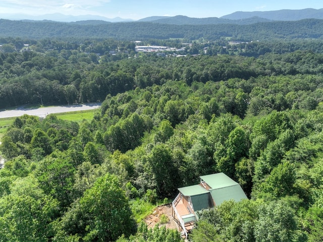 drone / aerial view featuring a mountain view and a forest view