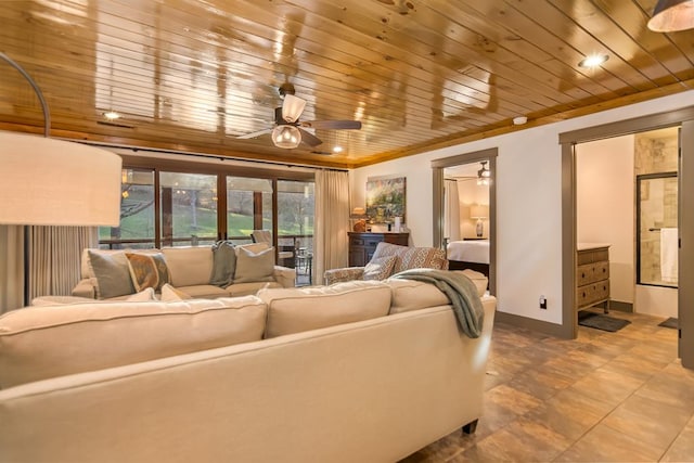 living room with a ceiling fan, crown molding, wood ceiling, and baseboards