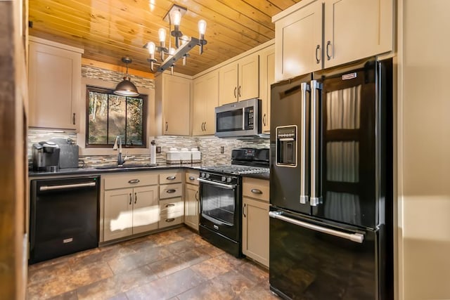 kitchen with a sink, decorative backsplash, black appliances, dark countertops, and wooden ceiling