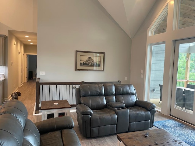 living room featuring light hardwood / wood-style flooring and high vaulted ceiling