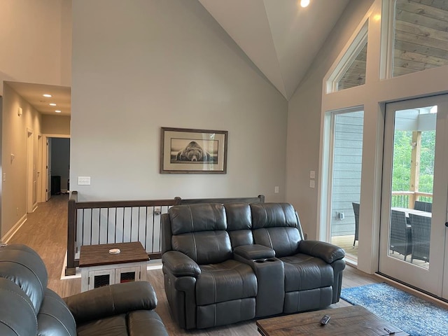 living room with high vaulted ceiling and light hardwood / wood-style flooring