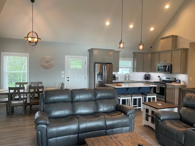 living room with plenty of natural light, dark hardwood / wood-style flooring, and high vaulted ceiling