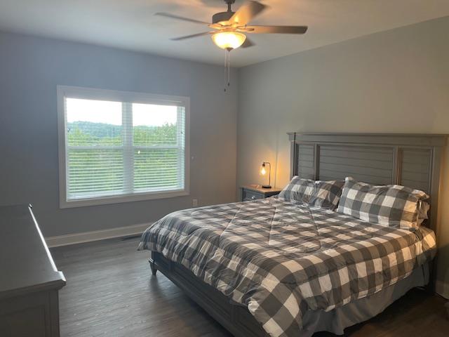 bedroom featuring dark hardwood / wood-style floors and ceiling fan