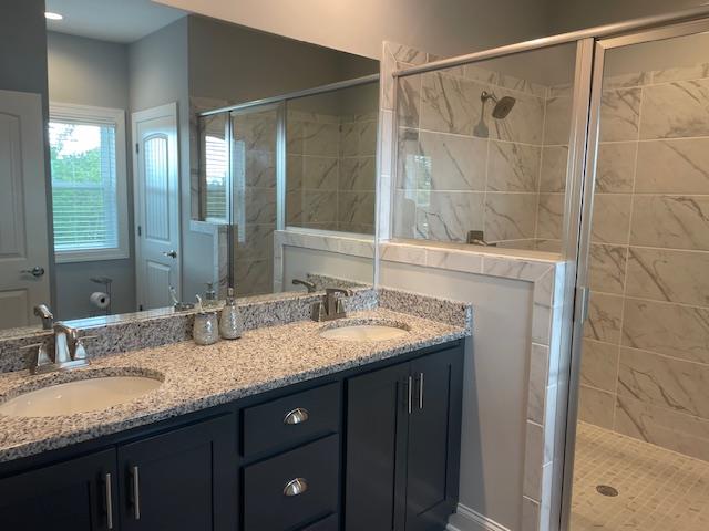 bathroom featuring vanity and a shower with shower door