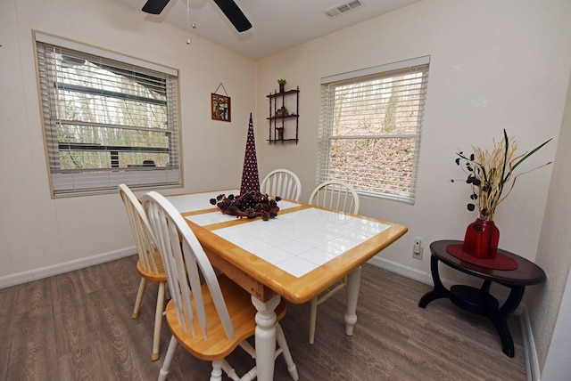 dining room with ceiling fan and dark wood-type flooring