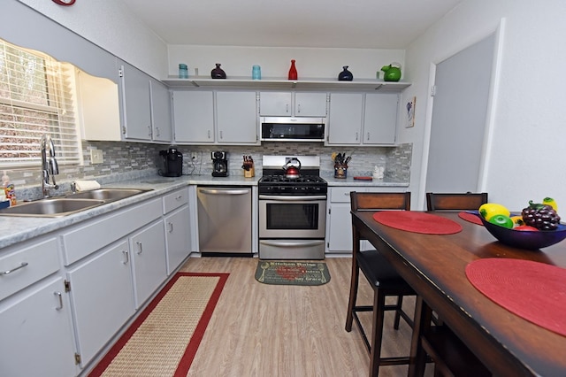 kitchen featuring light wood-type flooring, appliances with stainless steel finishes, backsplash, and sink