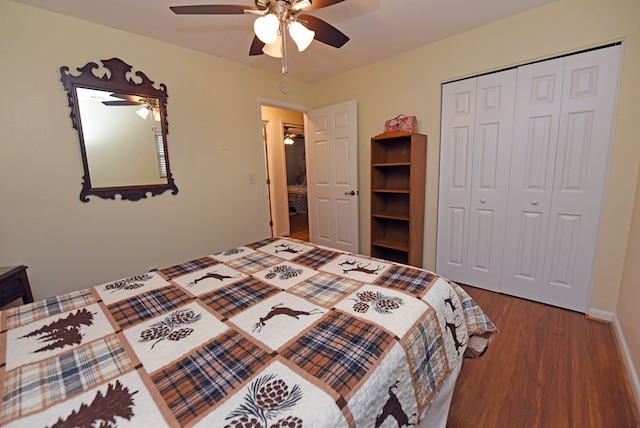 bedroom featuring a closet, ceiling fan, and dark wood-type flooring