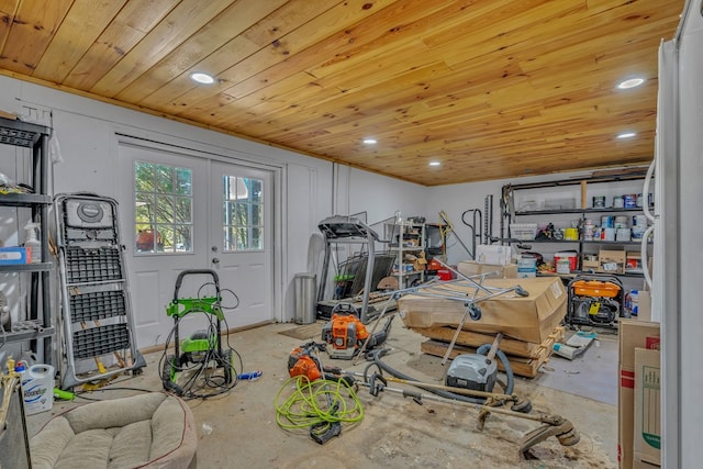 32 Mountain Meadows Dr, Hayesville, NC 28904 - garage featuring recessed lighting, french doors, wooden ceiling, and freestanding refrigerator