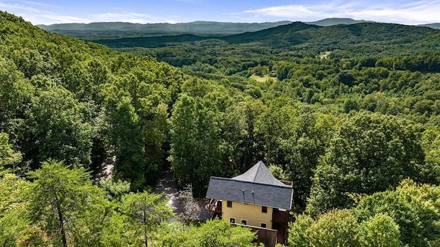 birds eye view of property with a mountain view and a view of trees