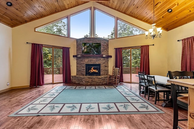 living room featuring hardwood / wood-style flooring, wood ceiling, a fireplace, and a notable chandelier