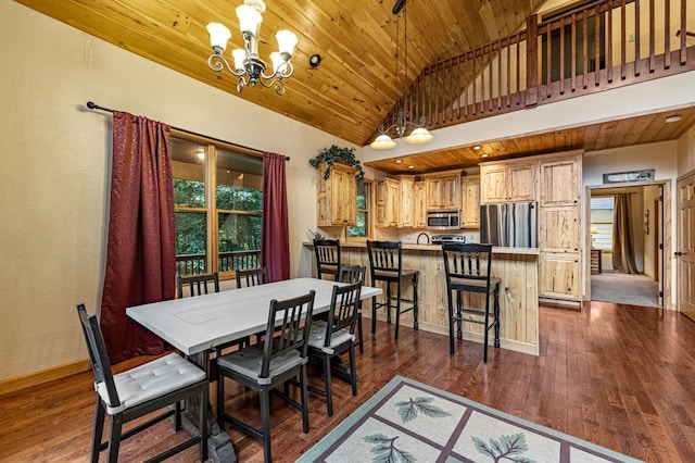 dining area featuring baseboards, a chandelier, wooden ceiling, dark wood-style flooring, and high vaulted ceiling