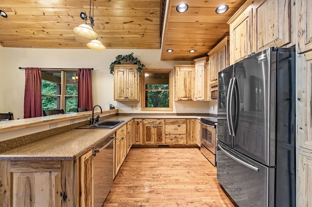 kitchen with appliances with stainless steel finishes, wood ceiling, a sink, and light brown cabinetry