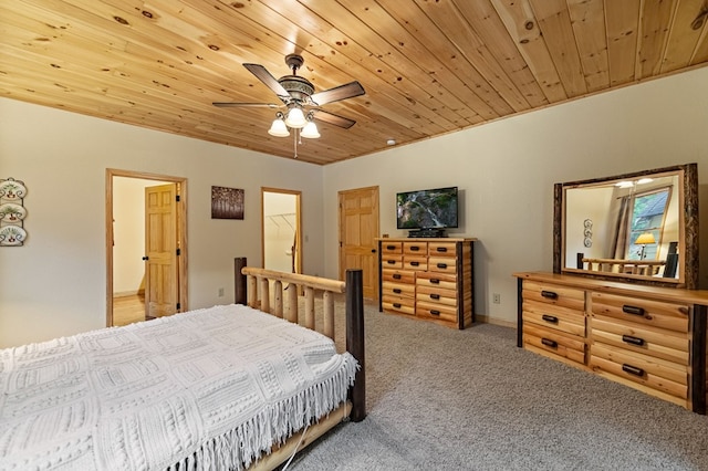 carpeted bedroom featuring wooden ceiling and ceiling fan