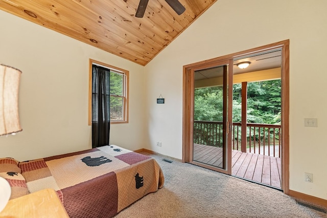 bedroom featuring carpet floors, visible vents, wood ceiling, vaulted ceiling, and access to outside