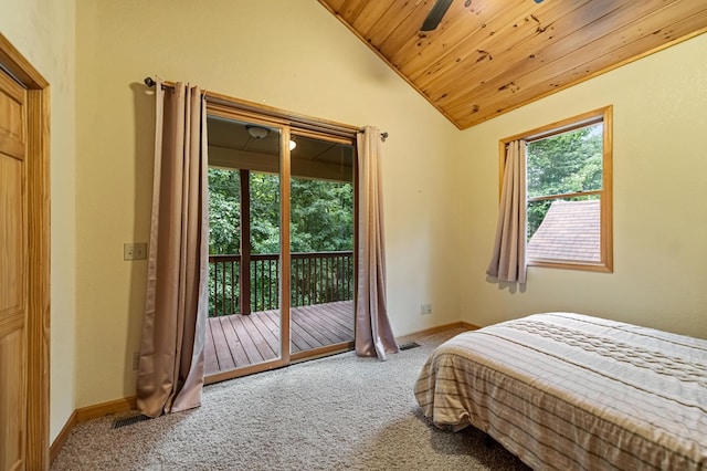 carpeted bedroom with access to outside, wooden ceiling, vaulted ceiling, and baseboards