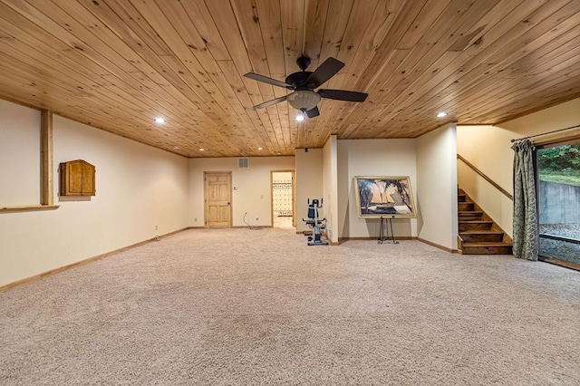 interior space with carpet, recessed lighting, wood ceiling, baseboards, and stairs