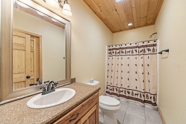 bathroom with vanity, wooden ceiling, tile patterned flooring, and toilet