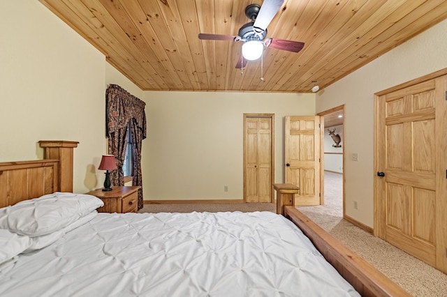 carpeted bedroom with a ceiling fan, wood ceiling, and baseboards