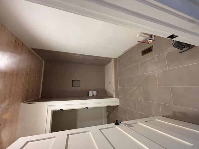 bathroom with wood walls