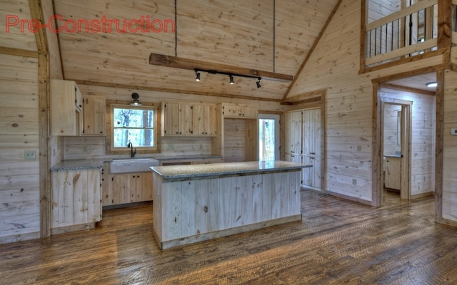 kitchen with wooden walls, light brown cabinets, and a sink