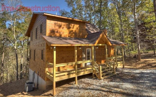 view of front of property featuring a porch, central AC, and a shingled roof