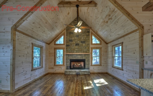 unfurnished living room featuring a healthy amount of sunlight, a fireplace, wood ceiling, and hardwood / wood-style flooring