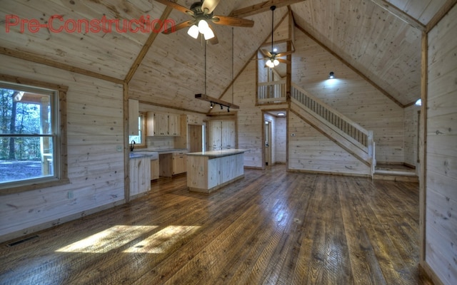 kitchen featuring wood walls, wood ceiling, and dark wood-style flooring