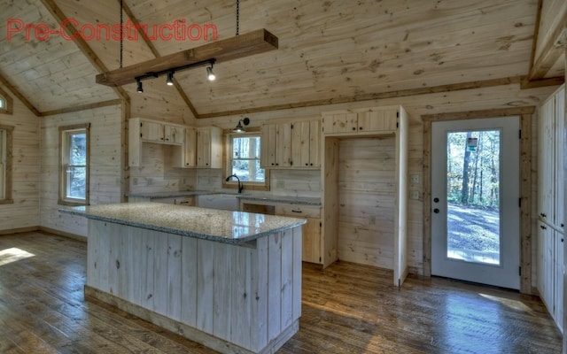 kitchen with lofted ceiling, dark wood-type flooring, and wooden ceiling