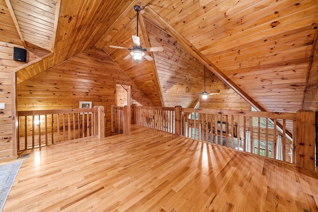 bonus room with light hardwood / wood-style flooring, wooden ceiling, and wooden walls