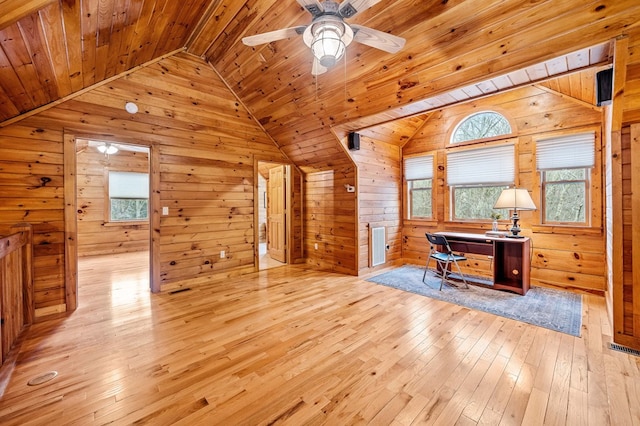 office area featuring light hardwood / wood-style floors, vaulted ceiling, and wood ceiling