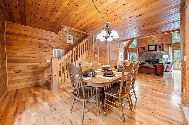 dining space featuring a fireplace, light hardwood / wood-style flooring, wood walls, a notable chandelier, and wooden ceiling