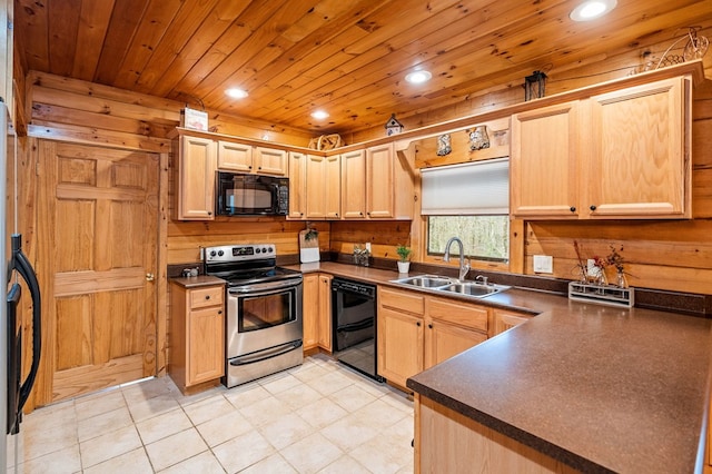 kitchen with sink, black appliances, light brown cabinets, and wood ceiling