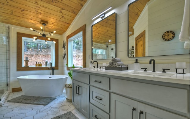 bathroom featuring plus walk in shower, wood ceiling, a notable chandelier, lofted ceiling, and vanity